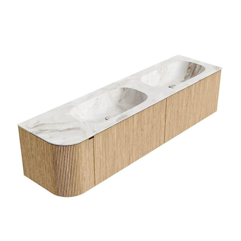MONDIAZ KURVE-DLUX meuble de salle de bains 175 cm avec module 25 L couleur Chêne avec 2 tiroirs et 1 porte. Lavabo STOR SMALL double / droite 2 trous de robinet couleur Frappe. SW1137379