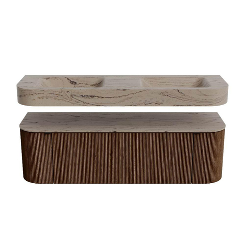 MONDIAZ THOR-DLUX 150cm meuble de salle de bains arrondi gauche + droite couleur Walnut avec 1 tiroir et 2 portes. Vasque suspendue CLOUD Double sans trou de robinet couleur Arena. SW1464738