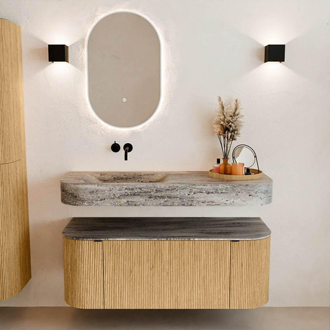 MONDIAZ THOR-DLUX 120cm badmeubel ronding links + rechts kleur Oak met 1 lade en 2 deuren. Vrijhangende wastafel CLOUD Links zonder kraangat kleur Oza. SW1463419