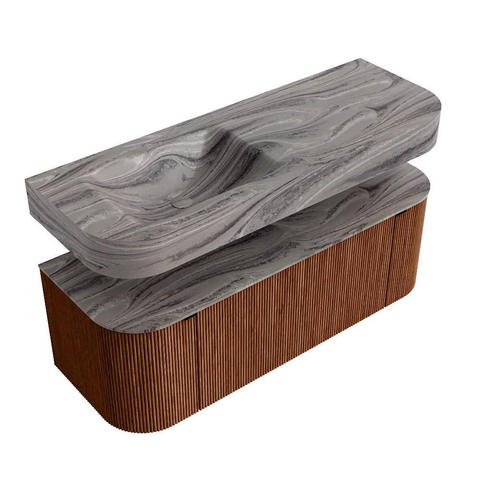 MONDIAZ THOR-DLUX 130cm meuble de salle de bains arrondi gauche + droite couleur Ruby avec 1 tiroir et 2 portes. Vasque suspendue CLOUD gauche 1 trou de robinet couleur Sombra. SW1467661