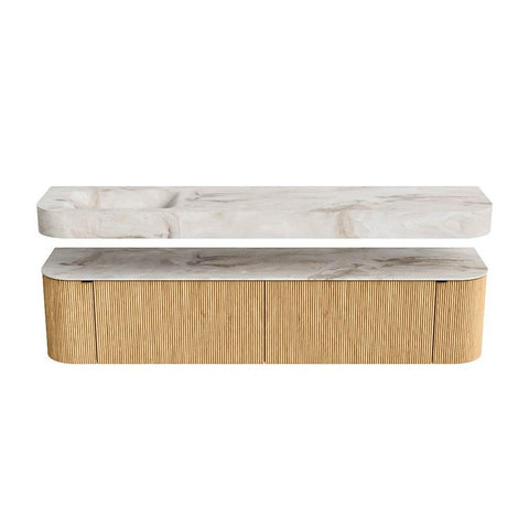 MONDIAZ THOR-DLUX 200cm meuble de salle de bains arrondi gauche + droite couleur Oak avec 2 tiroirs et 2 portes. Vasque suspendue CLOUD Gauche sans trou de robinet couleur Frappe. SW1466938