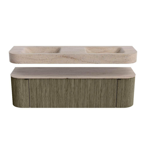MONDIAZ THOR-DLUX 160cm meuble de salle de bains arrondi gauche + droite couleur Shadow avec 1 tiroir et 2 portes. Vasque suspendue CLOUD Double sans trou de robinet couleur Saba. SW1465359