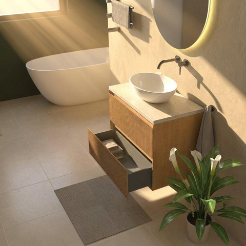 Saniclass Holz Atelier Badkamermeubelset - 80x45x63cm - Travertine natuurstenen topblad - zonder kraangat - 2 lades - mat eiken natural (hout) SW1478837