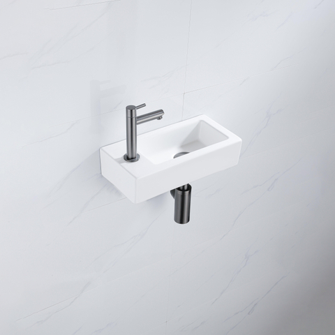 QeramiQ Fuente pack lave-mains – 37,5 x 18,5 x 9 cm – céramique blanc mat – perçage à gauche – robinet gunmetal brossé SW1232762