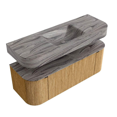MONDIAZ THOR-DLUX 130cm badmeubel ronding links + rechts kleur Oak met 1 lade en 2 deuren. Vrijhangende wastafel CLOUD Midden 1 kraangat kleur Sombra. SW1464034