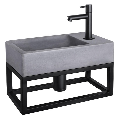 Differnz Force kit lave-mains - 40x22x8cm - Rectangulaire - 1 trou de robinet - Robinet droit noir mat - avec cadre noir - Gris béton SW373282
