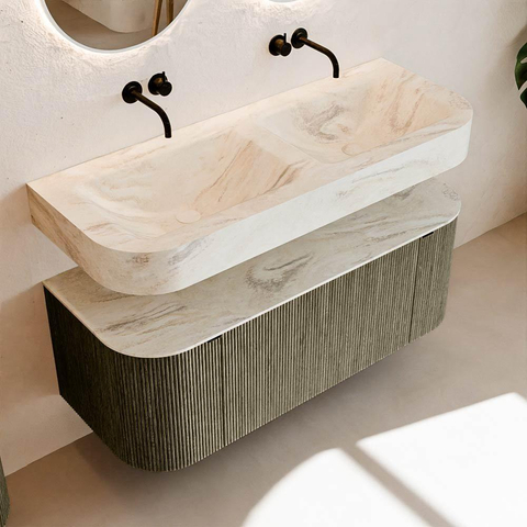 MONDIAZ THOR-DLUX 120cm meuble de salle de bains arrondi gauche + droite couleur Shadow avec 1 tiroir et 2 portes. Vasque suspendue CLOUD Double sans trou de robinet couleur Ostra. SW1463212
