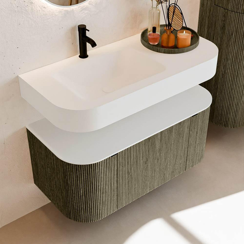 MONDIAZ THOR 100cm meuble de salle de bains arrondi gauche + droite couleur Shadow avec 1 tiroir et 2 portes. Vasque suspendue CLOUD gauche 1 trou de robinet couleur Talc. SW1467443