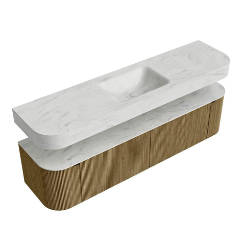 MONDIAZ THOR-DLUX 180cm meuble de salle de bains arrondi gauche + droite couleur Dusk avec 2 tiroirs et 2 portes. Vasque suspendue CLOUD Milieu 1 trou de robinet couleur Opalo. SW1466005