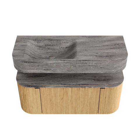 MONDIAZ THOR-DLUX 110cm meuble de salle de bains arrondi gauche + droite couleur Oak avec 1 tiroir et 2 portes. Vasque suspendue CLOUD Gauche sans trou de robinet couleur Oza. SW1462985