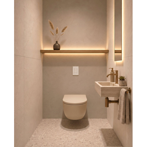 QeramiQ Dely Swirl Ensemble WC - 36.5x53cm - réservoir encastré Grohe Rapid - abattant 35mm - plaque de commande blanche - boutons rectangulaires - beige SW1138603