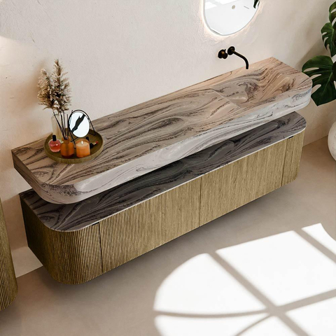 MONDIAZ THOR-DLUX Meuble de salle de bains 190cm arrondi gauche + droite couleur Dusk avec 2 tiroirs et 2 portes. Vasque suspendue CLOUD Droite sans trou de robinet couleur Sombra. SW1466713