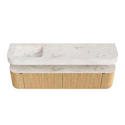 MONDIAZ THOR-DLUX Meuble de salle de bains 190cm arrondi gauche + droite couleur Oak avec 2 tiroirs et 2 portes. Vasque suspendue CLOUD Gauche sans trou de robinet couleur Ostra. SW1466379