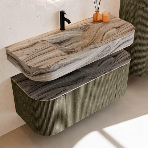 MONDIAZ THOR-DLUX Meuble de salle de bains 110cm arrondi gauche + droite couleur Shadow avec 1 tiroir et 2 portes. Vasque suspendue CLOUD Milieu 1 trou de robinet couleur Sombra. SW1463039