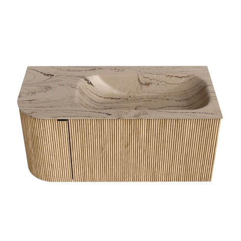 MONDIAZ KURVE-DLUX Meuble de salle de bains 95cm courbe Gauche couleur Chêne avec 1 tiroir et 1 porte. Lavabo BIG SMALL Droite sans trou de robinet Arena. SW1431085