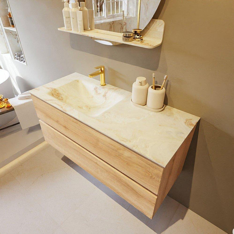 VICA-DLUX 110 cm en finition Chêne Lavé (Washed Oak), avec 2 tiroirs. Vasque encastrée CLOUD à gauche, 1 trou pour robinet, coloris Frappe. SW901631