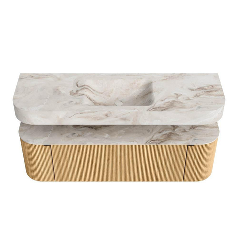 MONDIAZ THOR-DLUX 150cm badmeubel ronding links + rechts kleur Oak met 1 lade en 2 deuren. Vrijhangende wastafel CLOUD Midden 1 kraangat kleur Frappe. SW1464589
