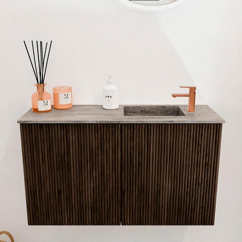 Mondiaz JOYA-DLUX 70cm toiletmeubel - kleur Walnut - Wastafel FAYE positie Rechts 1 kraangat kleur Oza. SW1424574