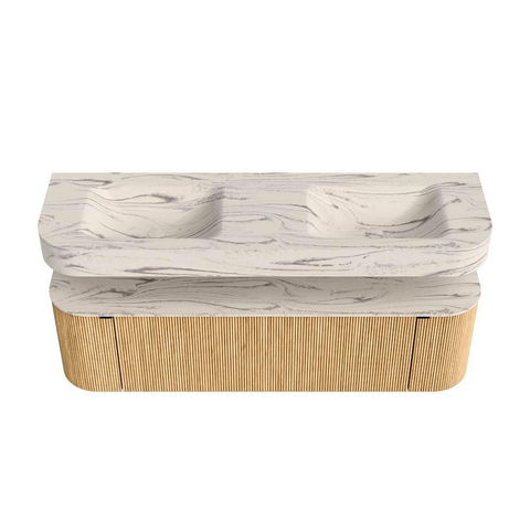 MONDIAZ THOR-DLUX 160cm badmeubel ronding links + rechts kleur Oak met 1 lade en 2 deuren. Vrijhangende wastafel CLOUD Dubbel zonder kraangat kleur Nata. SW1465252
