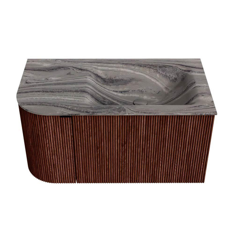MONDIAZ KURVE-DLUX Meuble de salle de bains 85cm arrondi à gauche couleur Ruby avec 1 tiroir et 1 porte. Lavabo CLOUD à droite sans trou de robinet Sombra. SW1433923