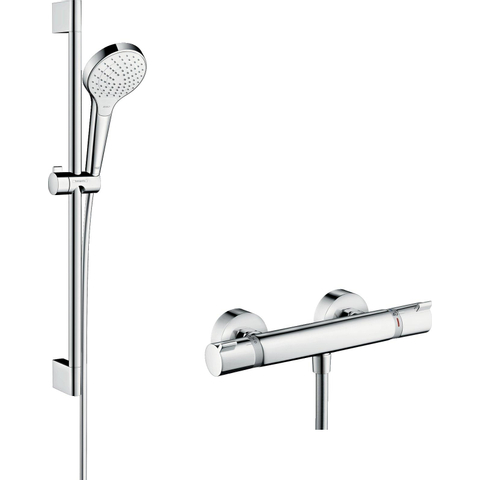 Hansgrohe Croma Select S Ensemble de douche avec barre curseur 65cm douchette à main et robinet thermostatique Ecostat blanc/chrome 0605334