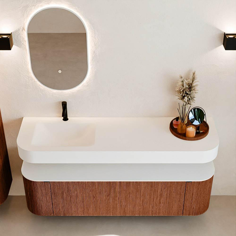 MONDIAZ THOR 160cm meuble de salle de bains arrondi gauche + droite couleur Ruby avec 1 tiroir et 2 portes. Vasque suspendue CLOUD gauche 1 trou de robinet couleur Talc. SW1465187