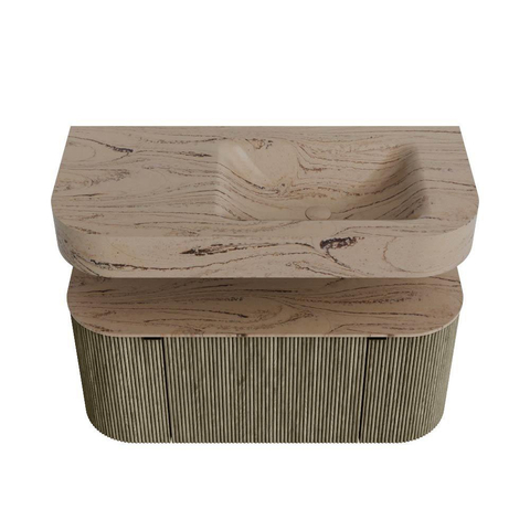 MONDIAZ THOR-DLUX 100cm meuble de salle de bains arrondi gauche + droite couleur Shadow avec 1 tiroir et 2 portes. Vasque suspendue CLOUD Droite 1 trou de robinet couleur Arena. SW1467467