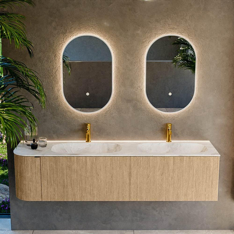 MONDIAZ KURVE-DLUX meuble de salle de bains 175 cm avec module 25 L couleur Chêne avec 2 tiroirs et 1 porte. Lavabo STOR SMALL double / droite 2 trous de robinet couleur Frappe. SW1137379