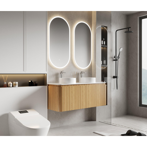 Royal Plaza Terra Wastafelonderkast 120cm 2 lades afgeronde hoeken sandwood licht eiken met slid surface topblad en 2 solid suface waskommen 56x32x15.5cm SHOWROOMMODEL SHOW26713