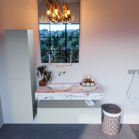 Mondiaz ALAN-DLUX Ensemble de meuble - 110cm - meuble Clay mat - 1 tiroir - Lavabo Cloud Glace suspendu - vasque Gauche - 0 trous de robinet SW806203