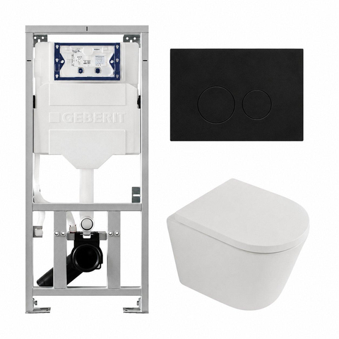 QeramiQ Dely Toiletset - 36.3x51.7cm - diepspoel - rimless - Geberit UP320 inbouwreservoir - softclose toilet zitting - 35mm - metaal mat zwarte bedieningsplaat - ronde knoppen - mat wit SW1235390