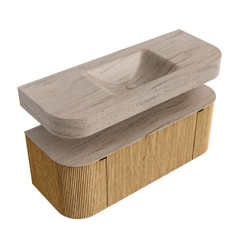 MONDIAZ THOR-DLUX 120cm badmeubel ronding links + rechts kleur Oak met 1 lade en 2 deuren. Vrijhangende wastafel CLOUD Midden zonder kraangat kleur Saba. SW1463439