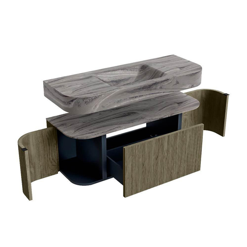 MONDIAZ THOR-DLUX 120cm meuble de salle de bains arrondi gauche + droite couleur Shadow avec 1 tiroir et 2 portes. Vasque suspendue CLOUD Milieu 1 trou de robinet couleur Sombra. SW1463656