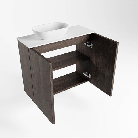Meuble de toilette Mondiaz Fowy 60x50x23cm marron foncé mat 0 trou de robinet lavabo : gauche 2 portes solid surface avec plan Melamine couleur lavabo : blanc SW761366