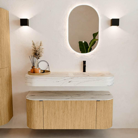 MONDIAZ THOR-DLUX 120cm badmeubel ronding links + rechts kleur Oak met 1 lade en 2 deuren. Vrijhangende wastafel CLOUD Rechts 1 kraangat kleur Nata. SW1463345