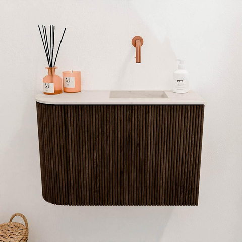 Mondiaz JOYA-DLUX 61.6cm toiletmeubel - ronding links kleur Walnut - Wastafel FAYE positie Rechts Zonder kraangat kleur Meli. SW1424426