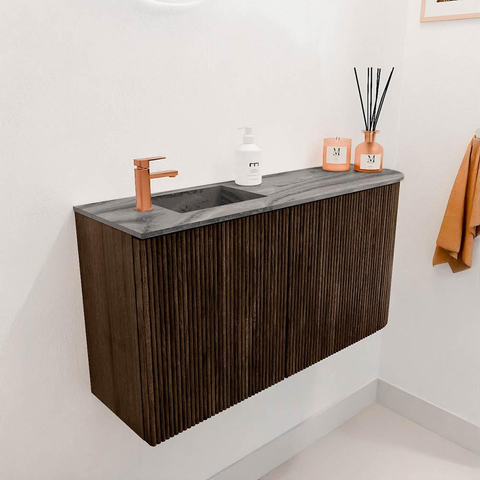 Mondiaz JOYA-DLUX Meuble de salle de bains - 81,6cm - arrondi droite couleur Walnut - Vasque FAYE position Gauche 1 trou de robinet couleur Sombra. SW1424756