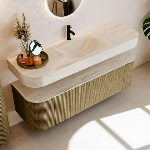 MONDIAZ THOR-DLUX 150cm meuble de salle de bains arrondi gauche + droite couleur Dusk avec 1 tiroir et 2 portes. Vasque suspendue CLOUD Milieu 1 trou de robinet couleur Meli. SW1464779