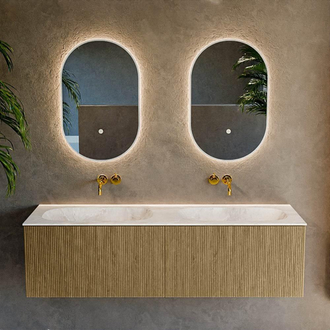 Mondiaz KURVE-DLUX Ensemble de meuble de salle de bains - 150x46x40cm - 2 tiroirs - lavabo solid surface - double - sans trou de robinet - Dusk SW1415030