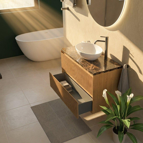 Saniclass Holz Atelier Badkamermeubelset - 100x45x63cm - Noche natuurstenen topblad dark emperador - 1 kraangat - 2 lades - mat eiken natural (hout) SW1478289