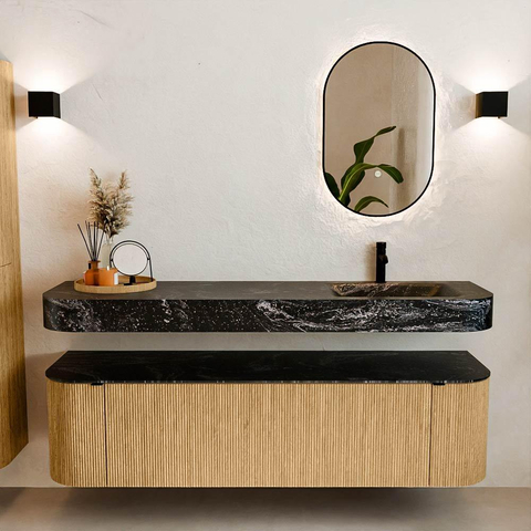 MONDIAZ THOR-DLUX 170cm meuble de salle de bains arrondi gauche + droite couleur Oak avec 1 tiroir et 2 portes. Vasque suspendue CLOUD Droite 1 trou de robinet couleur Lava. SW1465449