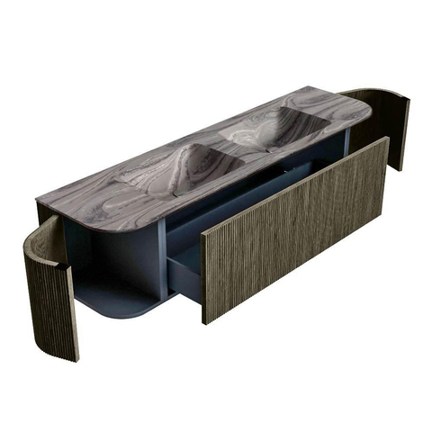 MONDIAZ KURVE-DLUX 170cm badmeubel ronding Links + Rechts kleur Shadow met 1 lade en 2 deuren. Wastafel LEAF Dubbel zonder kraangat Sombra. SW1433791