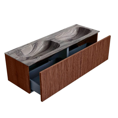 MONDIAZ KURVE-DLUX Meuble de salle de bains 140 cm couleur Ruby avec 2 tiroirs et 0 porte. Lavabo STOR SMALL Double 2 trous de robinet Sombra. SW1433998