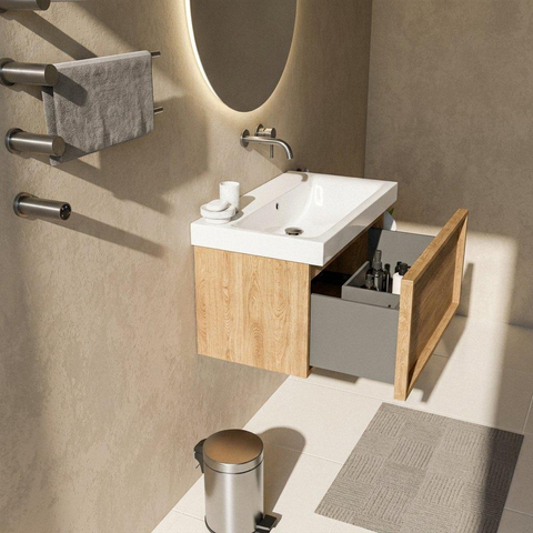 Saniclass Holz Frame Badkamermeubelset - 80x45x47.5cm - Wave keramische wastafel - 1 wasbak - zonder kraangat - 1 lade - mat eiken natural (hout) SW1479018