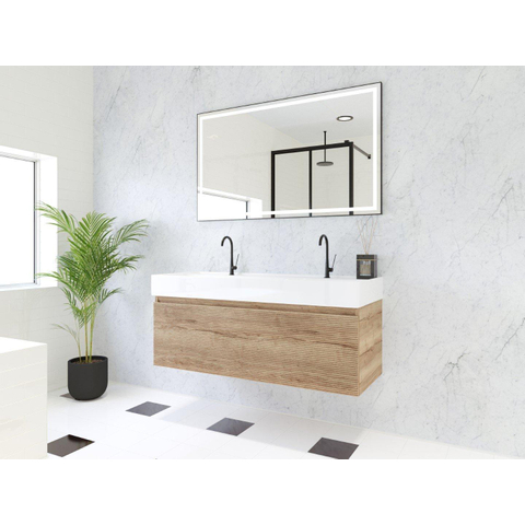 H&R Badmeubelen Matrix 3D badkamermeubelset 120cm 1 lade greeploos met greeplijst in kleur French oak met wasbak kube 2 kraangaten wit SW857120
