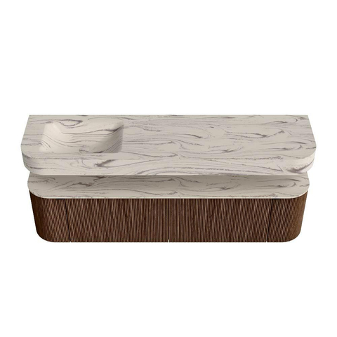 MONDIAZ THOR-DLUX Meuble de salle de bains 180cm arrondi gauche + droite couleur Walnut avec 2 tiroirs et 2 portes. Vasque suspendue CLOUD Gauche sans trou de robinet couleur Nata. SW1466206