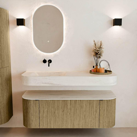 MONDIAZ THOR-DLUX 130cm meuble de salle de bains arrondi gauche + droite couleur Dusk avec 1 tiroir et 2 portes. Vasque suspendue CLOUD Gauche sans trou de robinet couleur Meli. SW1463806