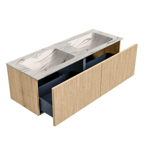 MONDIAZ KURVE-DLUX Meuble de salle de bains 130cm couleur Oak avec 2 tiroirs et 0 portes. Lavabo LEAF Double sans trou de robinet Nata. SW1432130