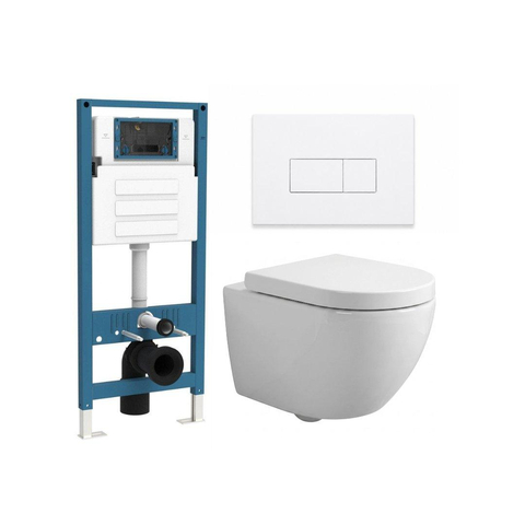 Ensemble WC compact QeramiQ Dely Swirl - réservoir encastré QeramiQ flush - abattant 25 mm - plaque de commande métallique blanc mat - boutons rectangulaires - blanc brillant SW1590587