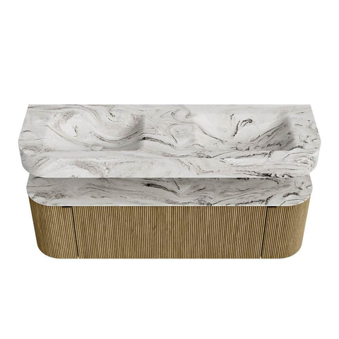 MONDIAZ THOR-DLUX 150cm badmeubel ronding links + rechts kleur Dusk met 1 lade en 2 deuren. Vrijhangende wastafel CLOUD Dubbel zonder kraangat kleur Glace. SW1464529